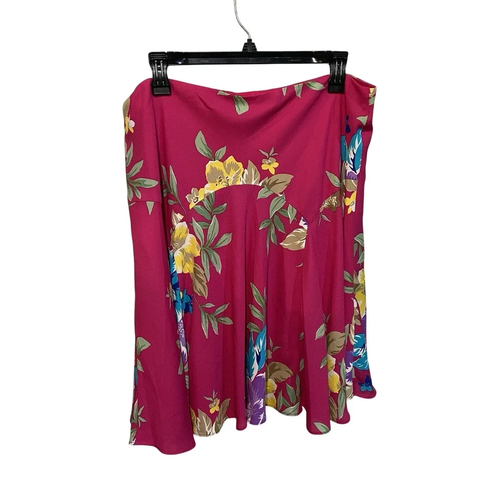 Lauren‎ Ralph Lauren Pink Georgette Multi Floral Flared Skirt Size 16 NWT